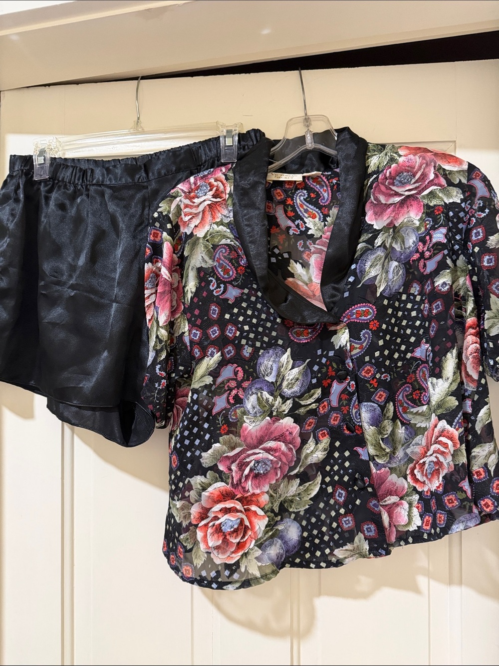 Victoria's Secret Black Floral Satin Camisole and Shorts Set